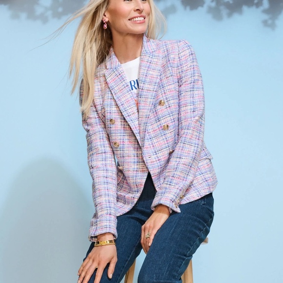 $219 NWT Talbots Multi Pink Blue White Plaid Tweed‎ Blazer Jacket Size 14 - Picture 3 of 8